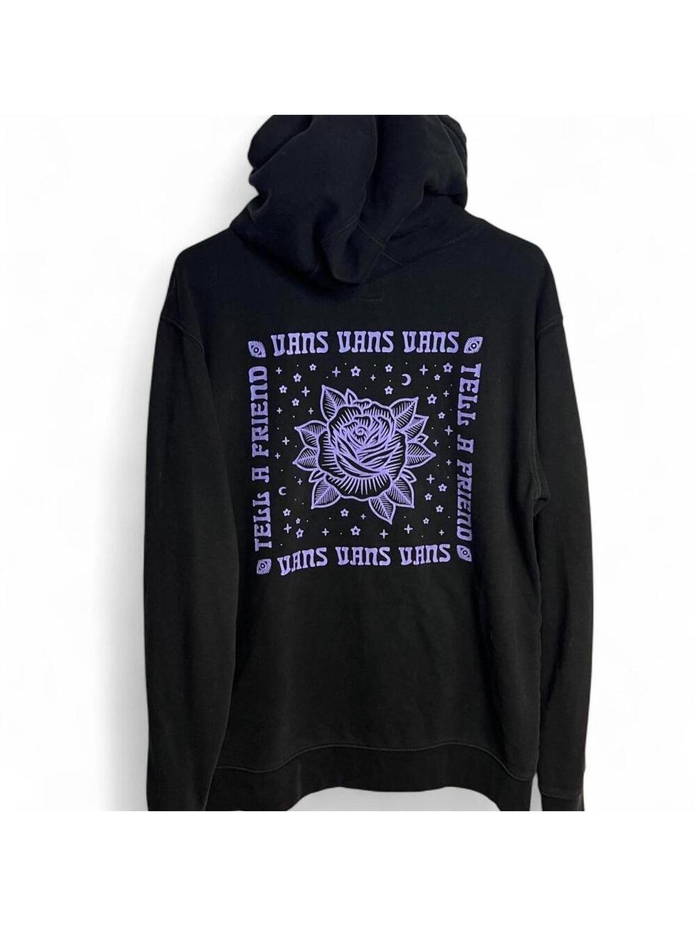 Vans Hoodie Medium Black Purple Rose Tell A Friend Graphic Pullover Sweatshirt